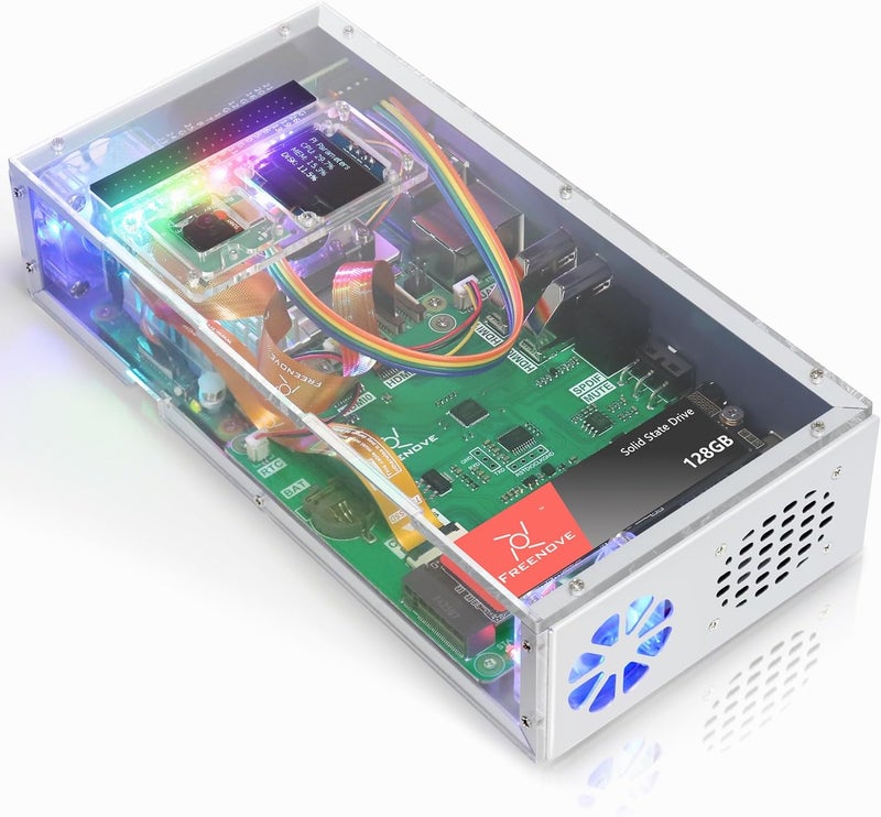 FREENOVE PC Case Kit for Raspberry Pi 5 with Cooling Fan,128GB M.2 NVMe SSD 800 MB/s, 5 MP Camera, 0.96 Inch OLED Screen, Built-in Stereo Speakers, 3.5 mm and Optical Audio (S/PDIF) - Image 1